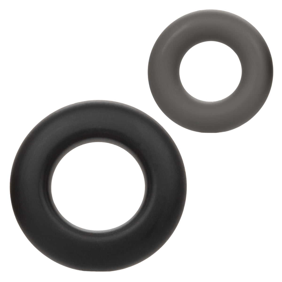 Alpha Liquid Silicone Prolong Set of 2 Stretchy Comfortable Rings in Black, Small 0.75” and Large 1” Diameter > Cock Ring > Sets Main image