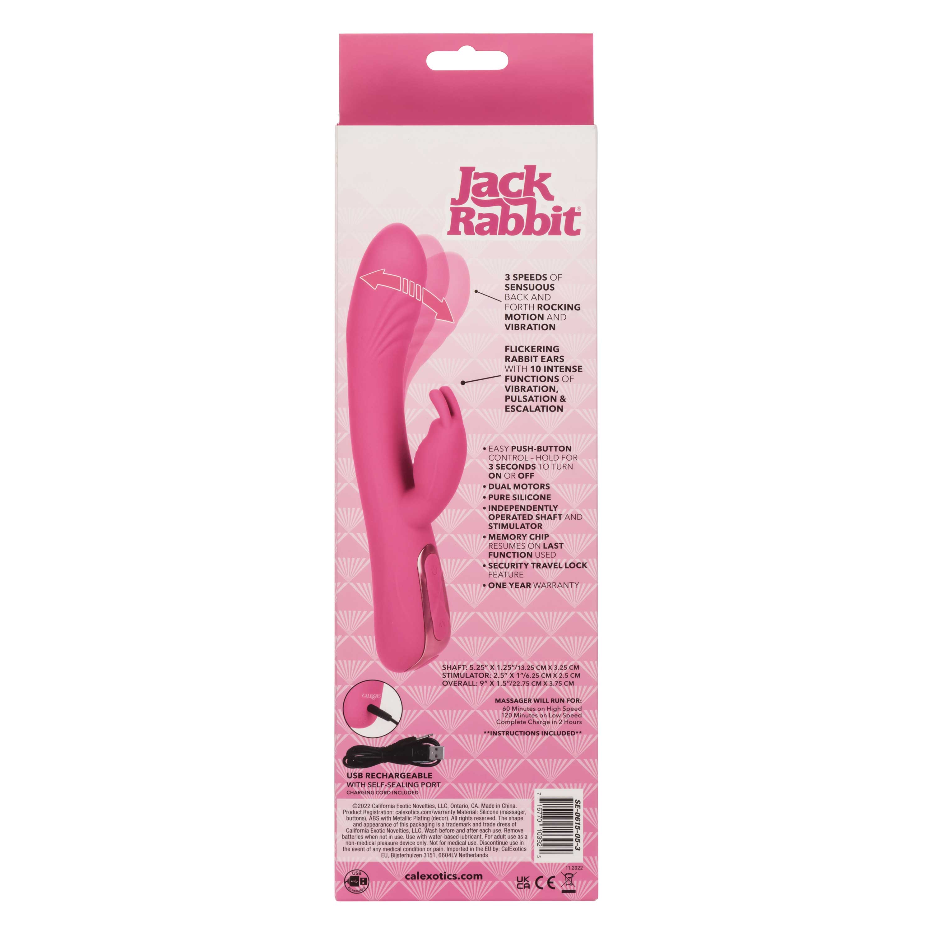 Jack Rabbit Elite Rocking Rabbit Pink Silicone Vibrator with 3 Speeds and 10 Modes, USB Rechargeable, 7.5 Inches VIBRATORS-RABBIT