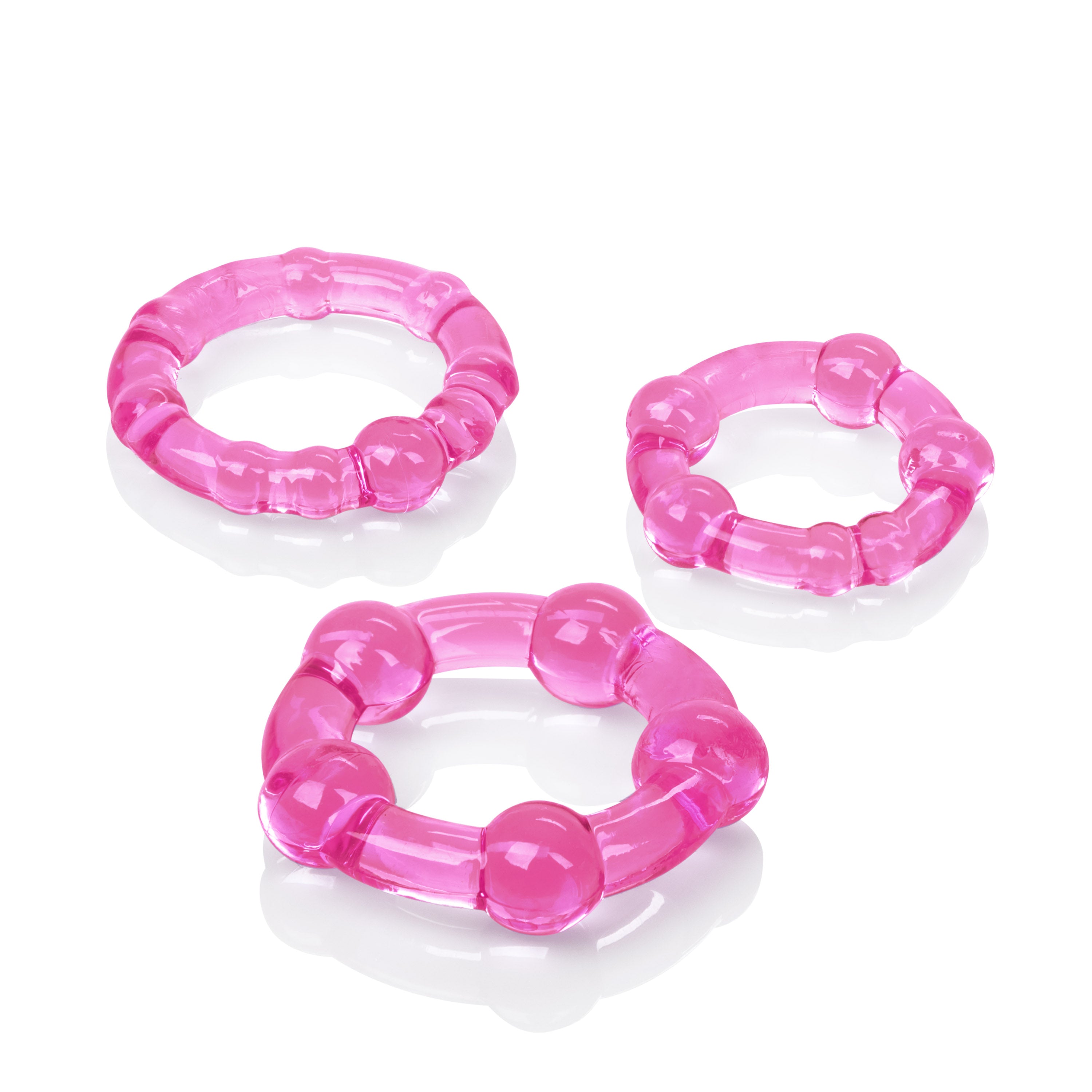 Island Rings Pink Stretchy Transparent TPR Cock Rings Trio Small Medium Large with Pleasure Beads and Stimulation Nodules COCK RING Set