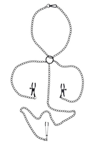 Saffron Black Nipple to Clit Set with Chains and Clamps Nipple Clamps