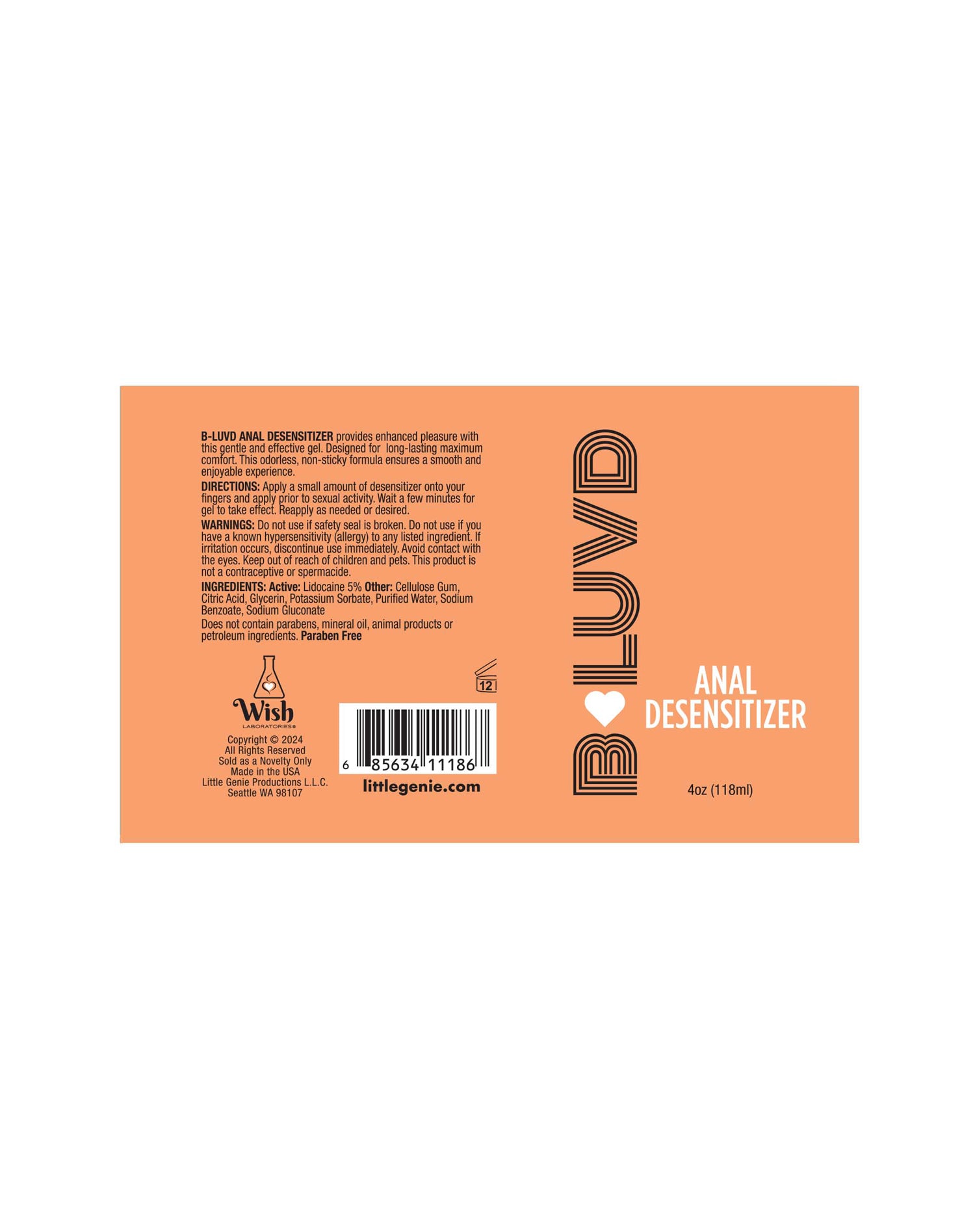 B-LUVD Anal Desensitising Lubricant 118 ml Water Based Gel Anal Lubricant