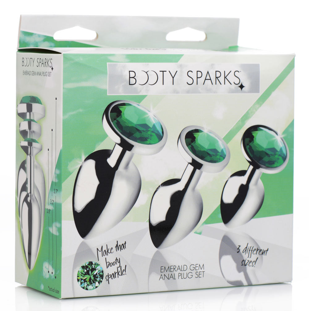 Emerald Gem Chrome Plated Steel Anal Plug Set – Small 2.6", Medium 3.2", Large 3.8" > Anal Range > Jewel Butt Plugs