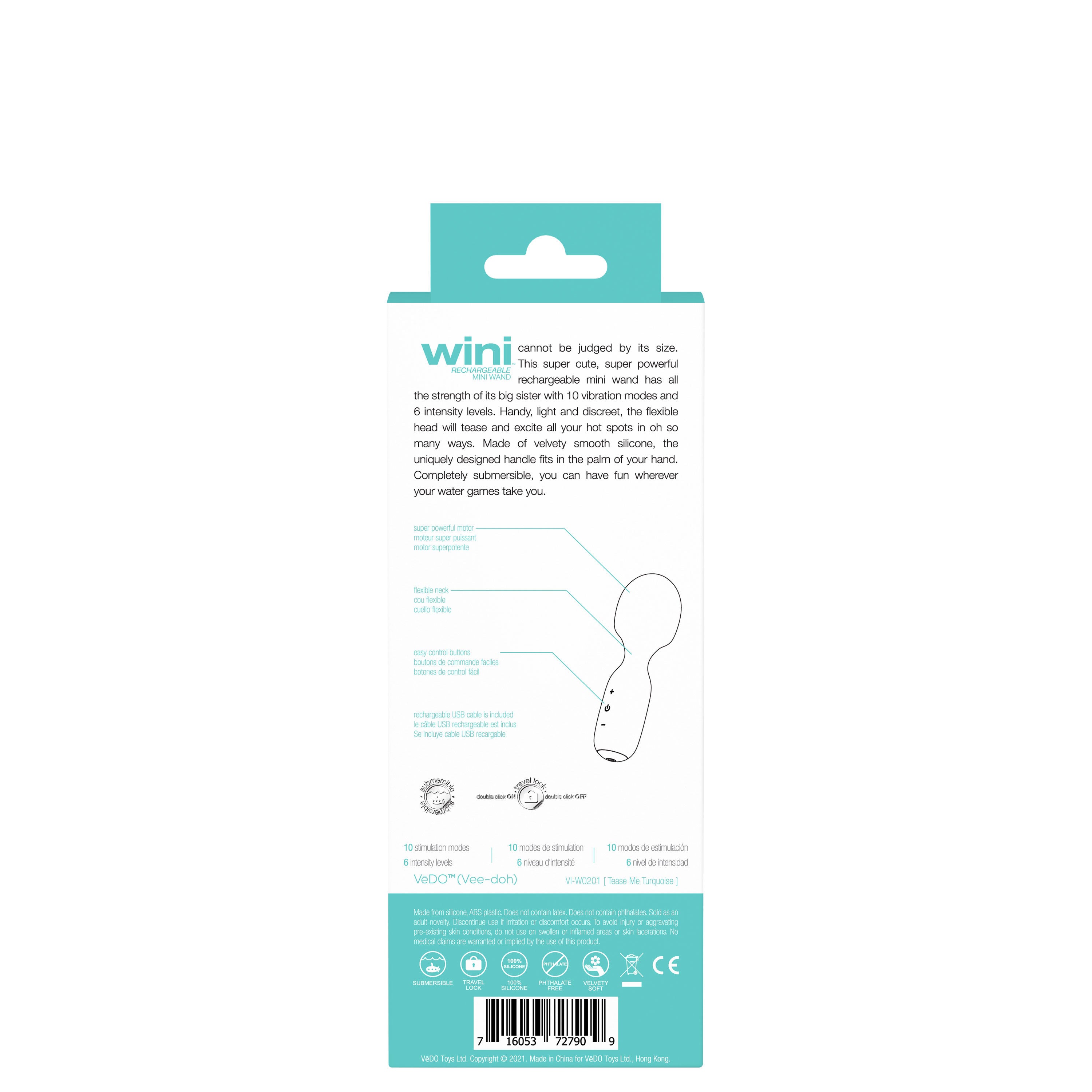 Wini Rechargeable Mini Wand Massager Black with 10 Vibrations Electric Massager