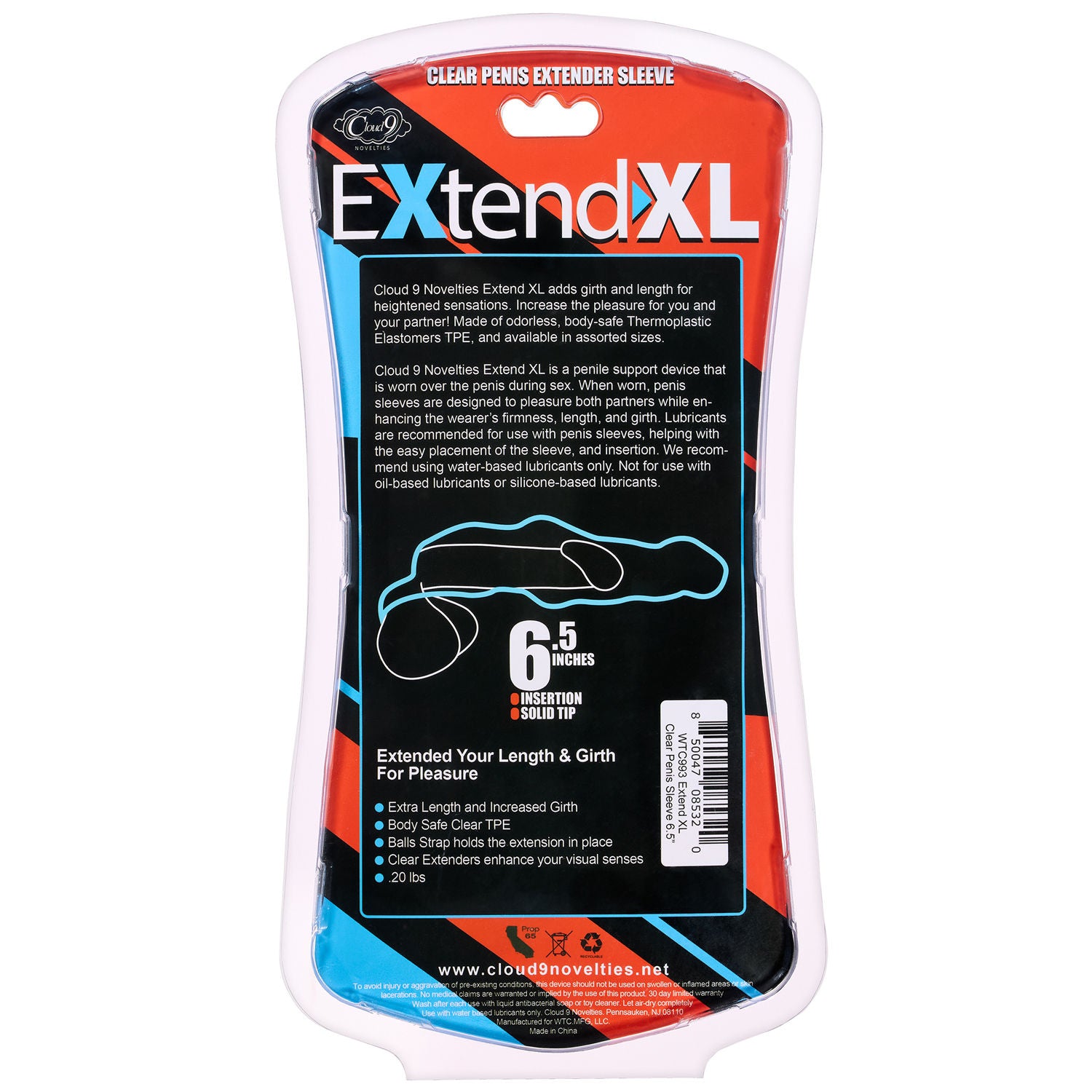Cloud 9 Novelties Extend XL Clear Penis Sleeve 7.25 Inch with Balls Strap Sleeve > Sex Toys For Men > Penis Sleeves