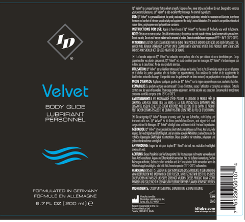 ID Velvet Silicone Lubricant – 6.7oz Bottle Silky Smooth Lubricant > Lube > Silicone