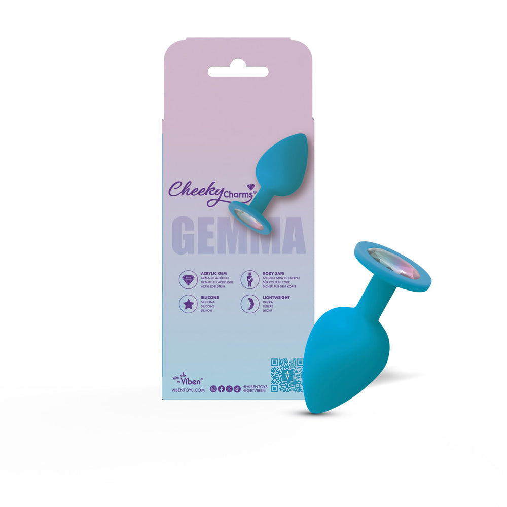 Gemma 3.76 Inch Cheeky Charms Clear Iridescent Teal Silicone Large – Vibrant Tapered Butt Plug > Anal Range > Jewel Butt Plugs