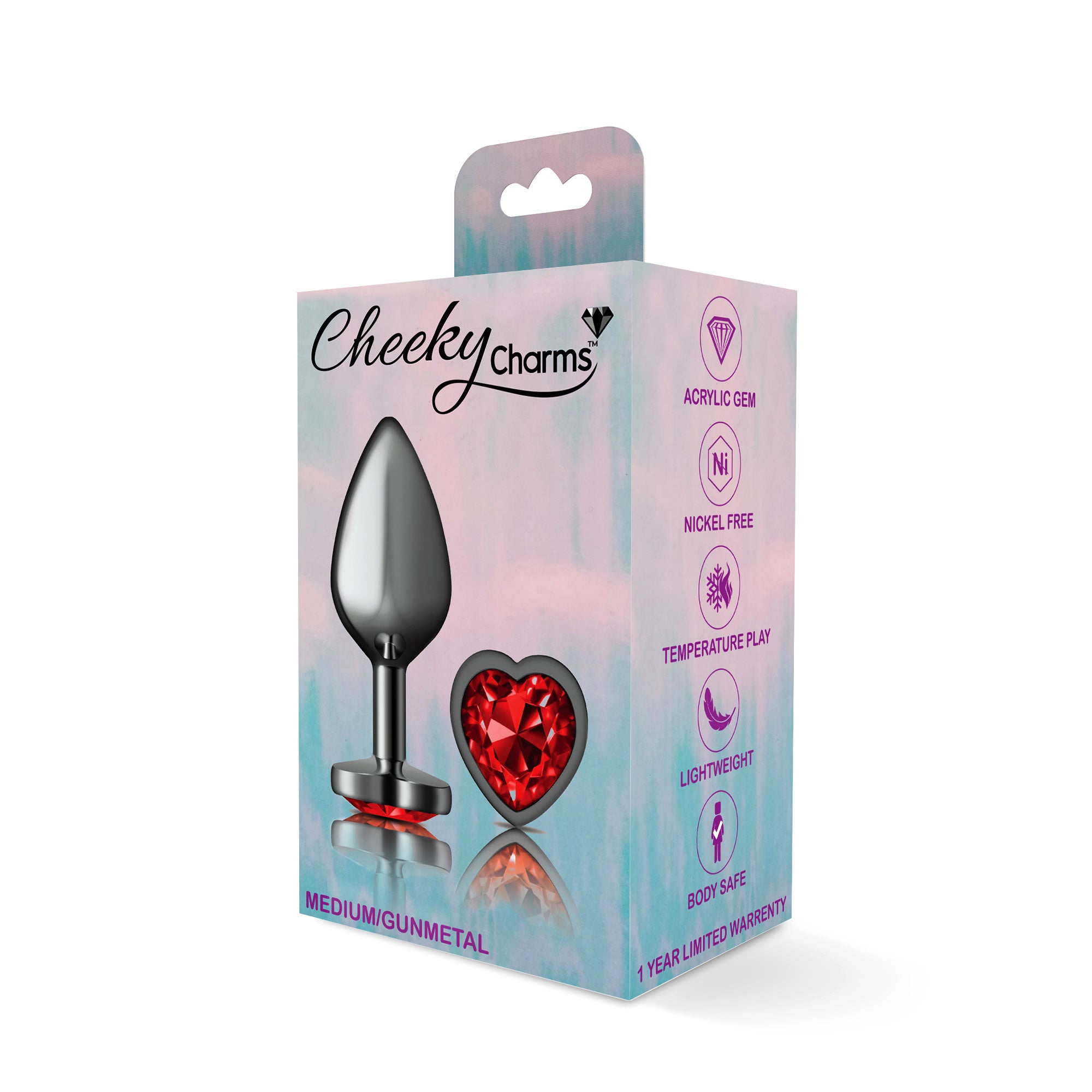 Cheeky Charms Gunmetal Butt Plug with Heart Red Jewel Medium > Anal Range > Jewel Butt Plugs