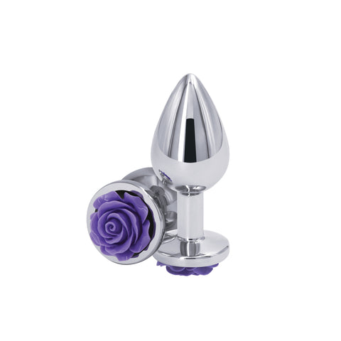 Rear Assets Rose Medium 8.9 cm Metal Butt Plug with Purple Base > Anal Range > Jewel Butt Plugs