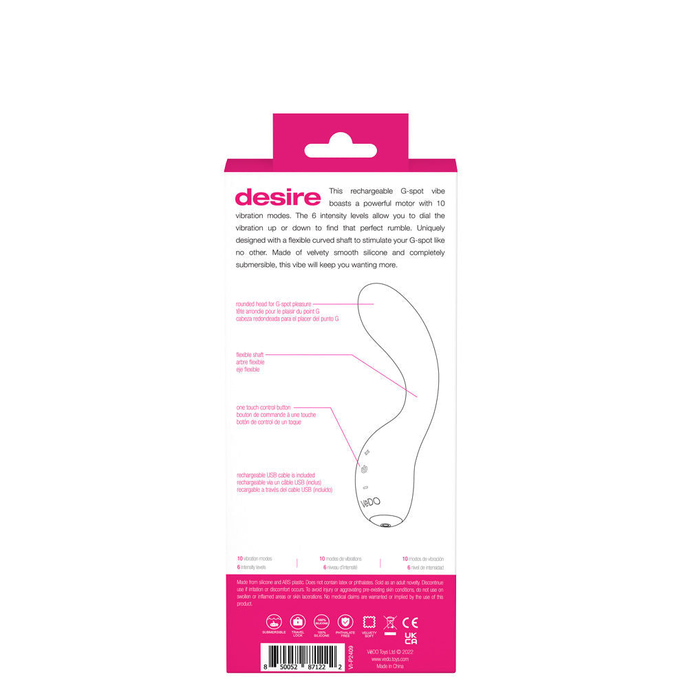 Desire Rechargeable G-Spot Vibrator Pink Silicone Adult Toy Vibrators
