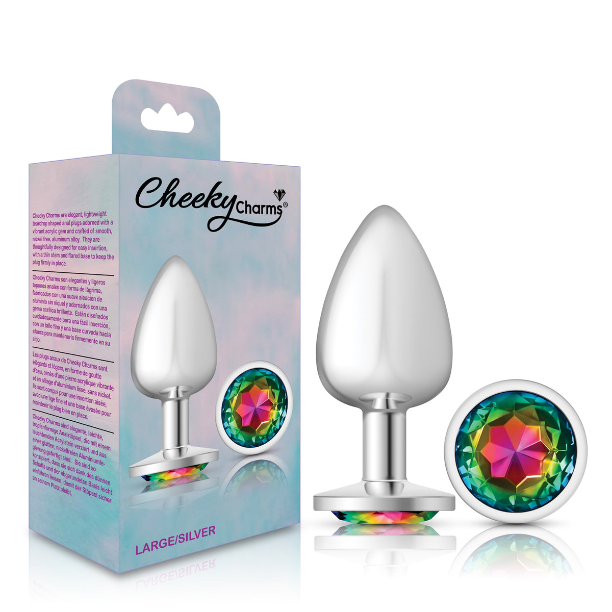 Cheeky Charms Silver Round Butt Plug with Rainbow Jewel Large (9.12cm) > Anal Range > Jewel Butt Plugs