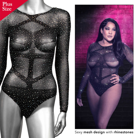Radiance Plus Size Long Sleeve Black Mesh Rhinestone Body Suit Fits Up To 3X > Clothes > Plus Size Lingerie