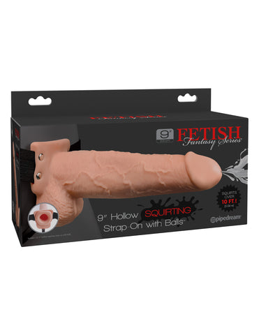 Fetish Fantasy 9 Inch Hollow Squirting Strap-On With Balls Beige Dongs Squirting