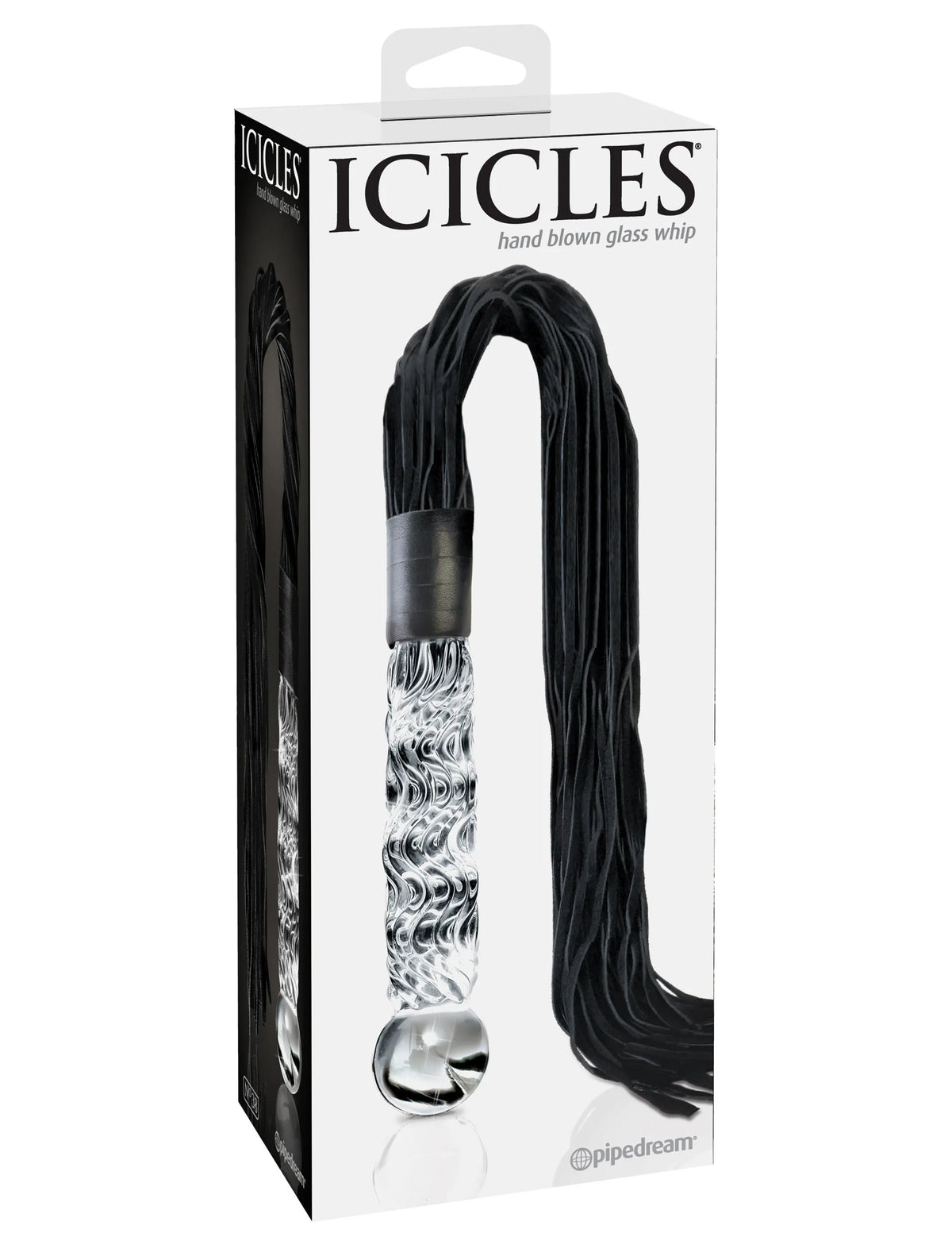 Packaged black glass whip with clear handle on a white background