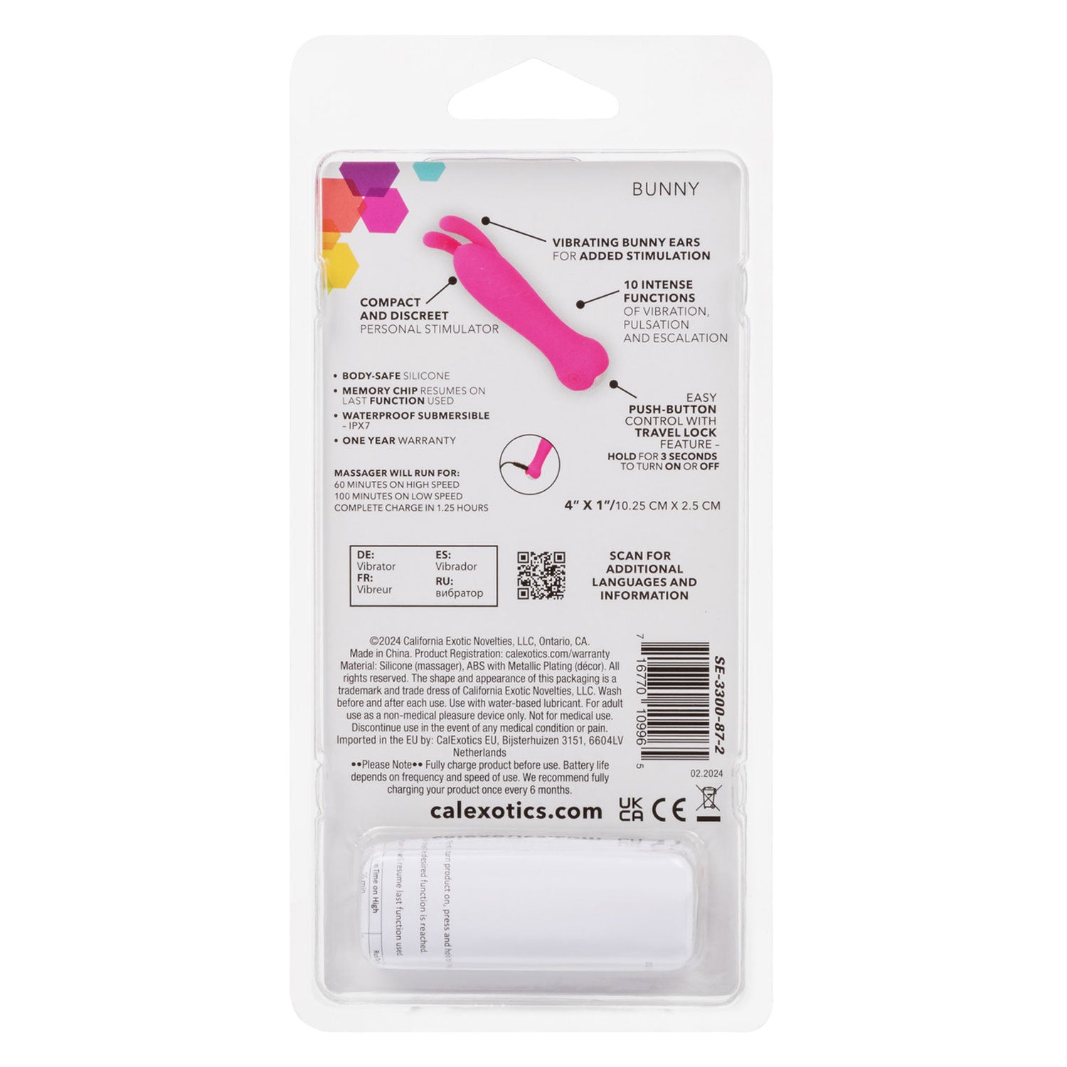 Kyst™ Bunny Pink Compact Personal Stimulator with 10 Vibration Functions and USB Rechargeable Silicone Waterproof Design STIMULATORS
