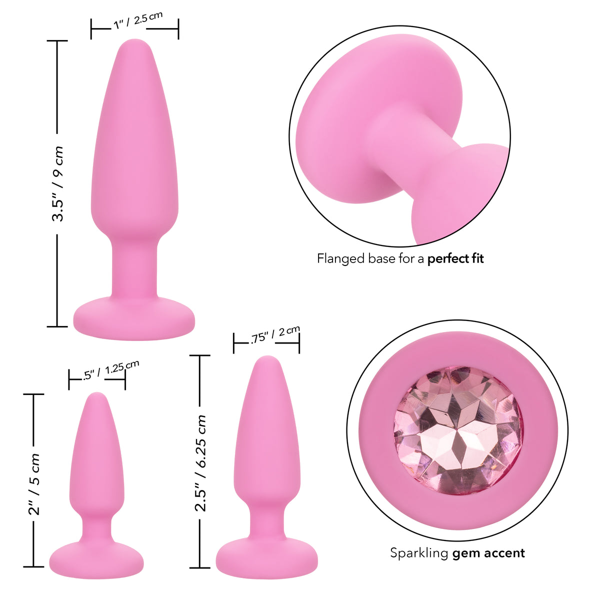 First Time Crystal Booty Kit Pink - 3 Graduated Sizes Smooth Silicone Anal Plugs with Crystal Inlay > Anal Range > Butt Plug Kits
