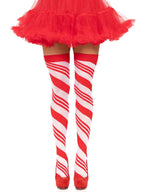Candy Cane Thigh High (White Red) – Sheer One Size Hosiery > Clothes > Hosiery > Stockings