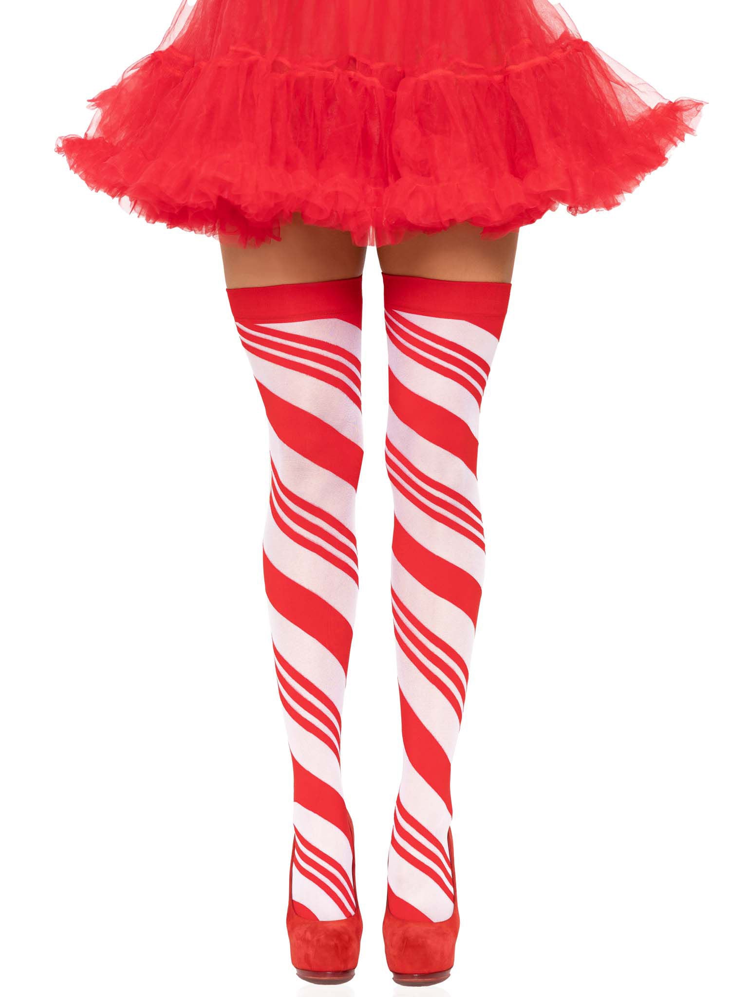 Candy Cane Thigh High (White Red) – Sheer One Size Hosiery > Clothes > Hosiery > Stockings