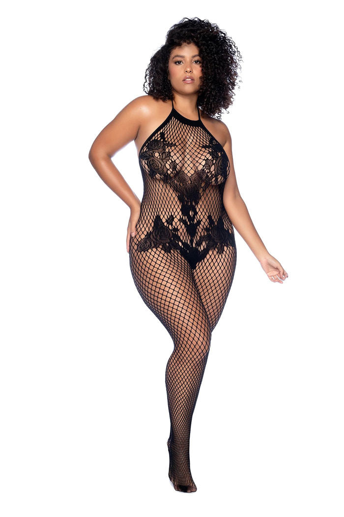 Vino Noir Floral Fishnet Crotchless Bodystocking Black Plus Size Bodystocking