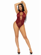 Net and Lace Keyhole Halter Bodysuit (Burgundy) – One Size Lingerie > Clothes > Bodies and Playsuits