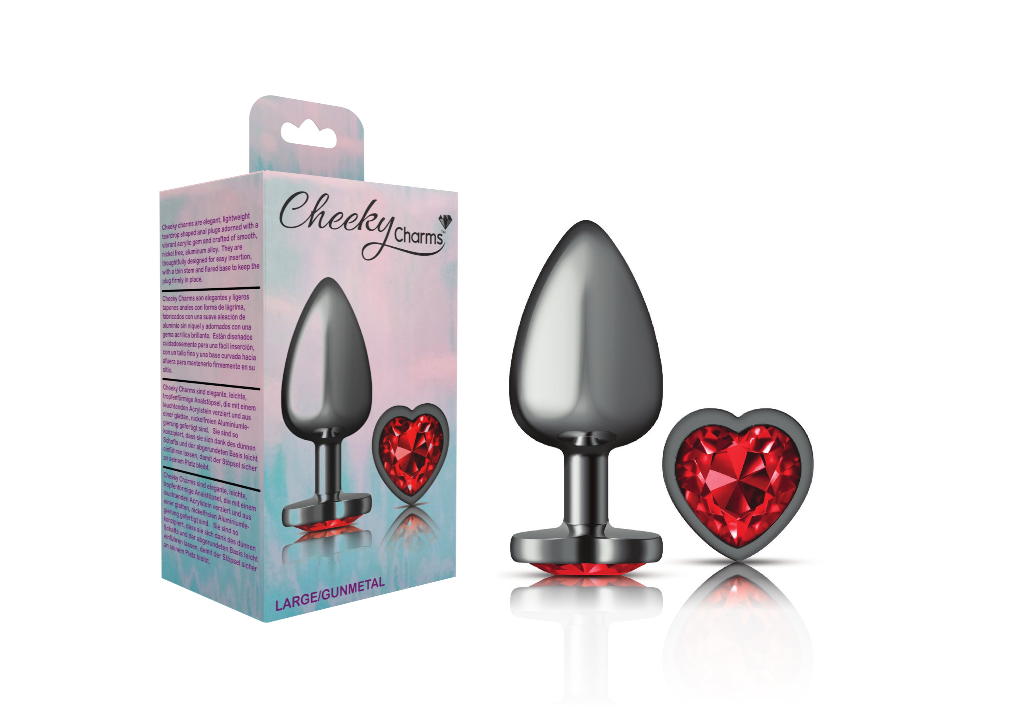 Cheeky Charms Gunmetal Butt Plug with Heart Red Jewel Large > Anal Range > Jewel Butt Plugs