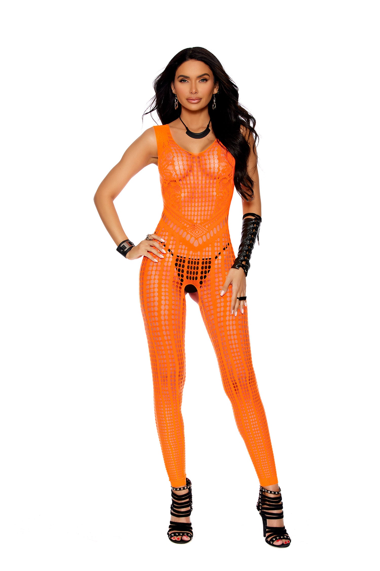 Elegant Moments Crochet Footless Open Crotch Bodystocking Orange Orange Bodystocking