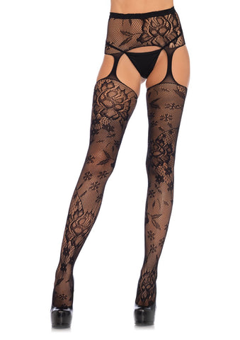 Floral Lace Stockings with Waist Garterbelt Black – One Size Lingerie Black Hosiery