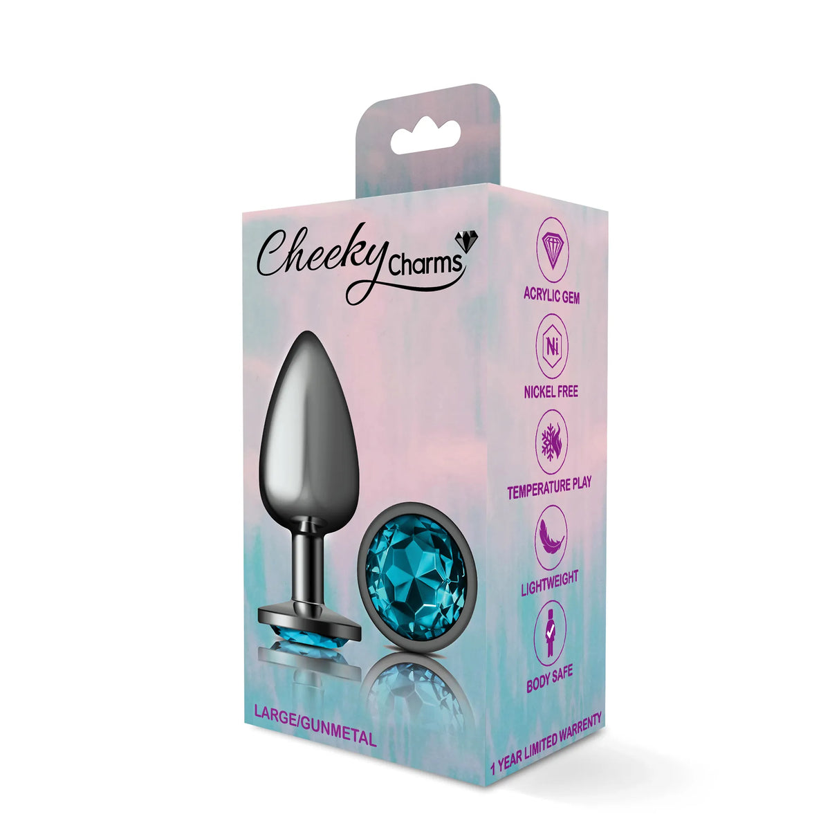 Cheeky Charms Gunmetal Round Butt Plug with Teal Jewel Large (9.12cm) > Anal Range > Jewel Butt Plugs