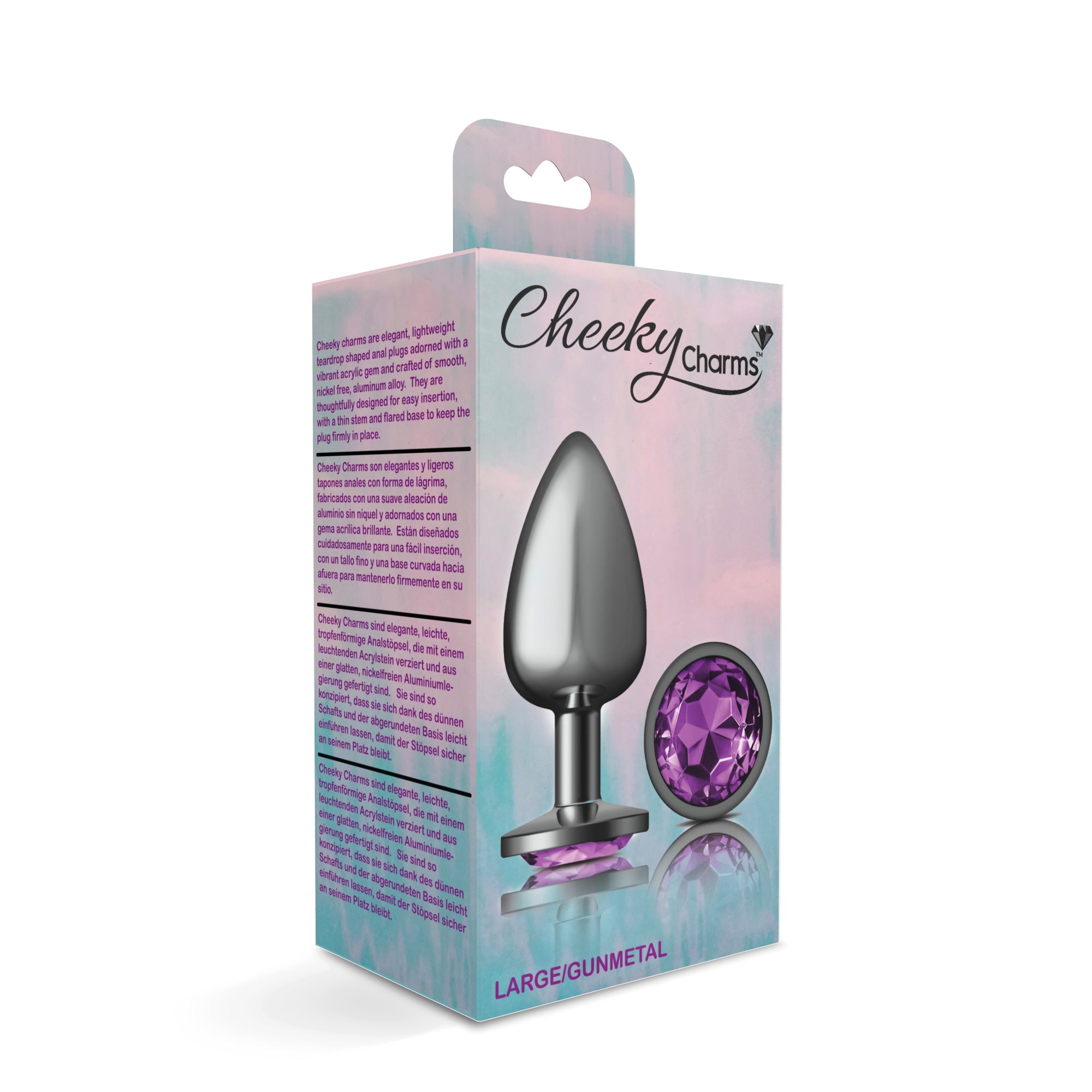 Cheeky Charms Gunmetal Round Butt Plug with Purple Jewel Large > Anal Range > Jewel Butt Plugs
