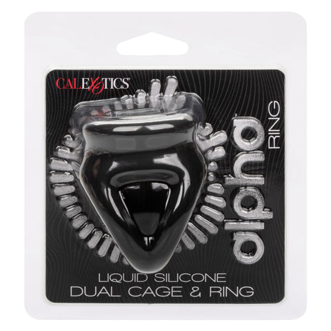 Alpha Liquid Silicone Dual Cage and Ring Black Stretchy Enhancer Cock Ring
