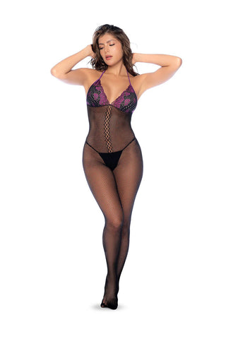 Whispered Lace Fishnet Bodystocking Black Purple Lingerie Bodystocking
