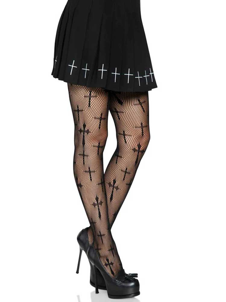 Worship Me Plus Size Cross Pattern Fishnet Tights Black Secondary image