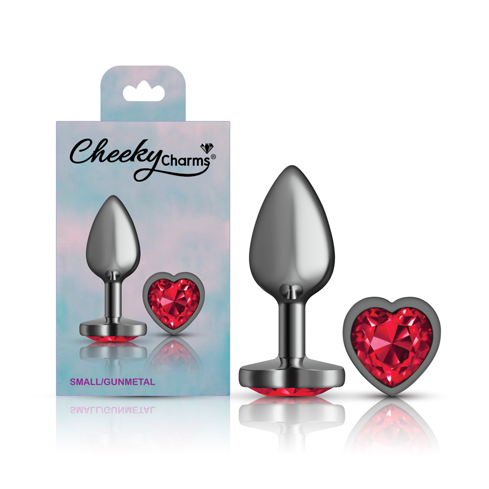 Cheeky Charms Gunmetal Butt Plug with Heart Red Jewel Small (6.78cm) > Anal Range > Jewel Butt Plugs