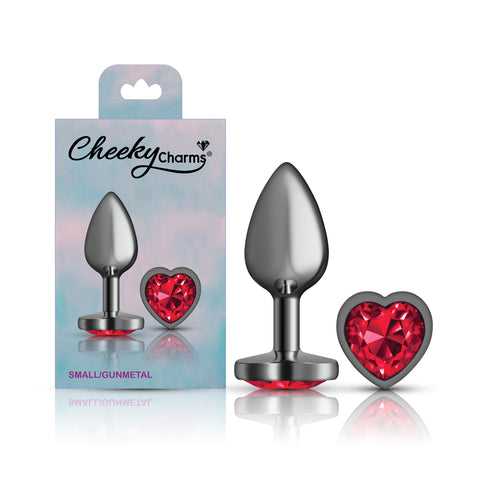Cheeky Charms Gunmetal Butt Plug with Heart Red Jewel Small > Anal Range > Jewel Butt Plugs