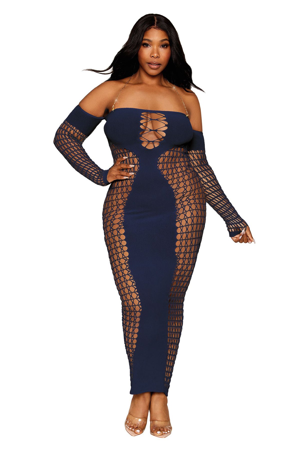 Dreamgirl Queen Size Denim Bodystocking Gown With Halter Chain Blue Curvy Size > Clothes > Bodies and Playsuits
