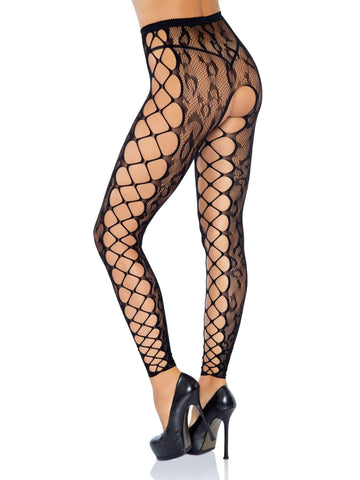 Footless Leopard Lace Crotchless Tights Sexy Hosiery Black Black Hosiery