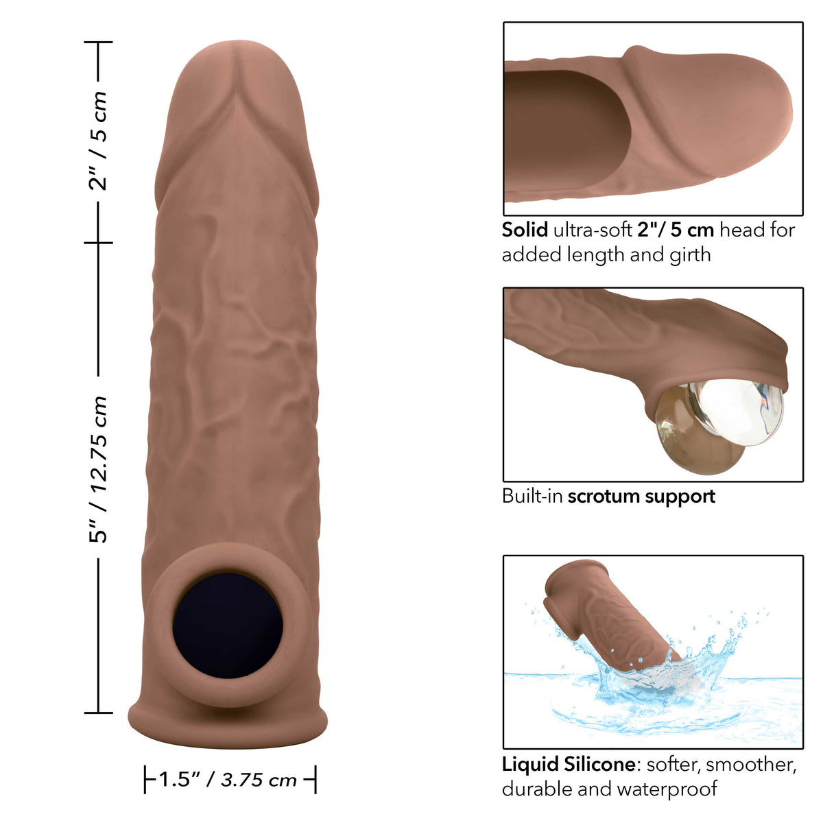 Performance Maxx Life-Like Extension 7 Inch Brown Stretchy Liquid Silicone Sleeve with Built-In Scrotum Strap > Sex Toys For Men > Penis Sleeves