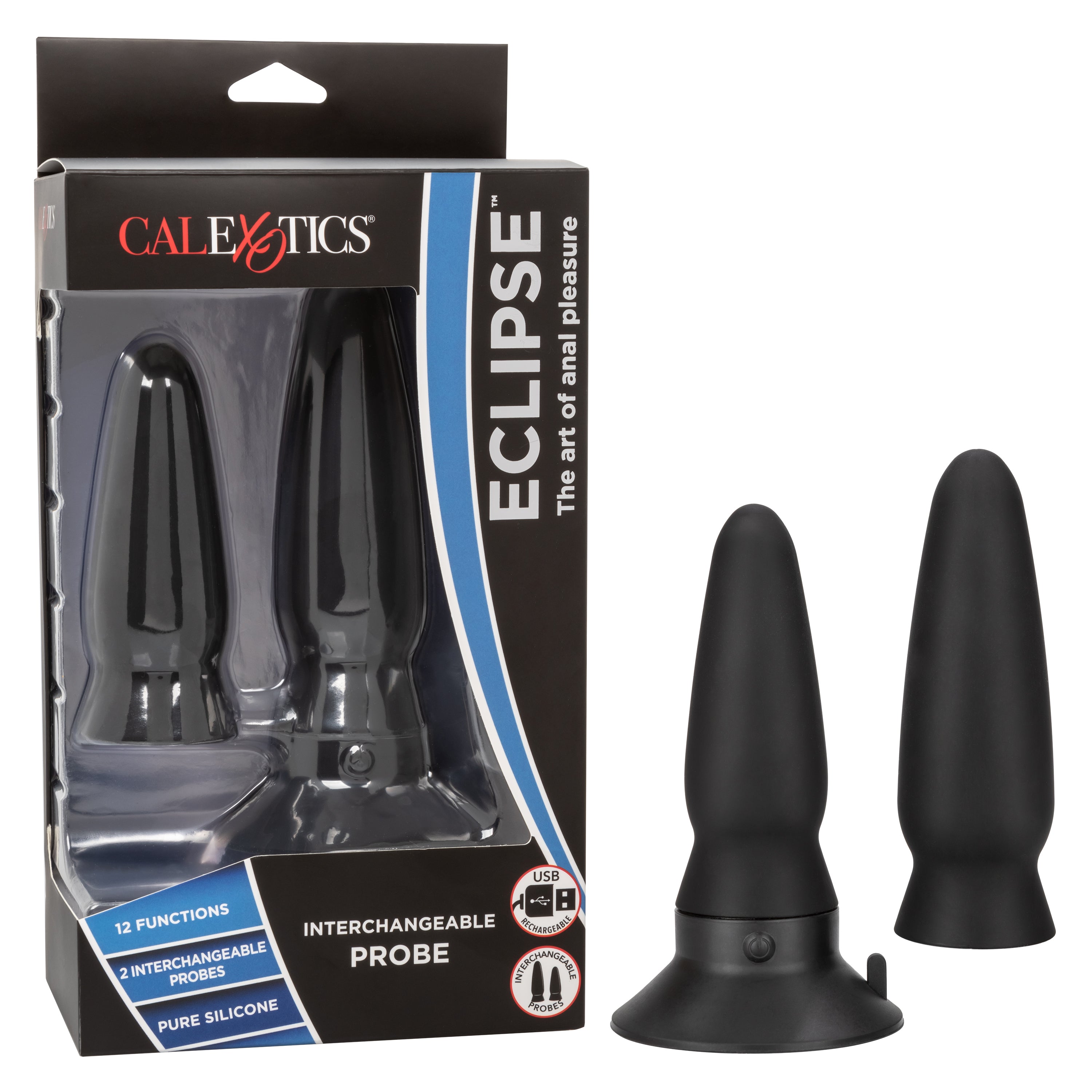 Eclipse Interchangeable Probe Black Silicone Vibrating Anal Probe Set with 2 Attachments and Suction Cup Base Butt Plugs - Vibrating