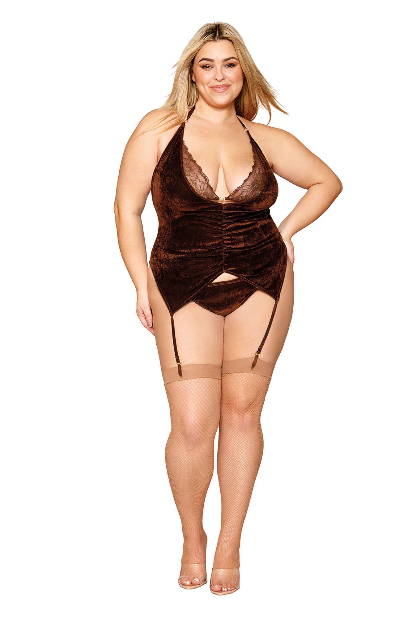Queen Size Velvet Garter Slip and G-String Lingerie Set > Clothes > Plus Size Lingerie