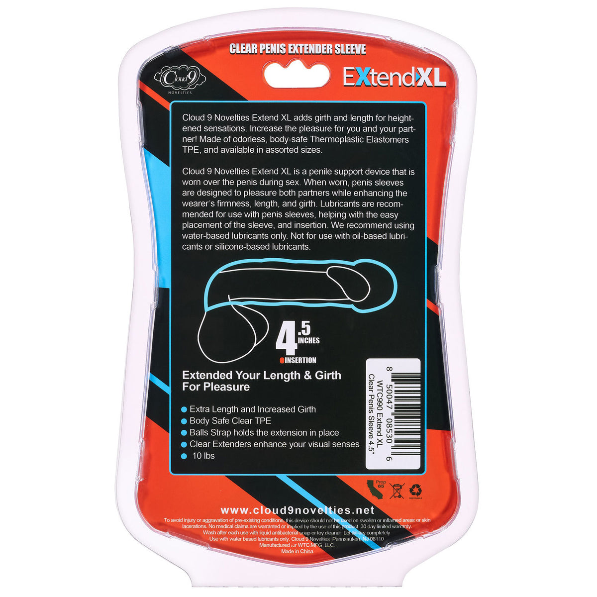 Cloud 9 Novelties Extend XL Clear Penis Sleeve 7.25 Inch with Balls Strap Sleeve > Sex Toys For Men > Penis Sleeves