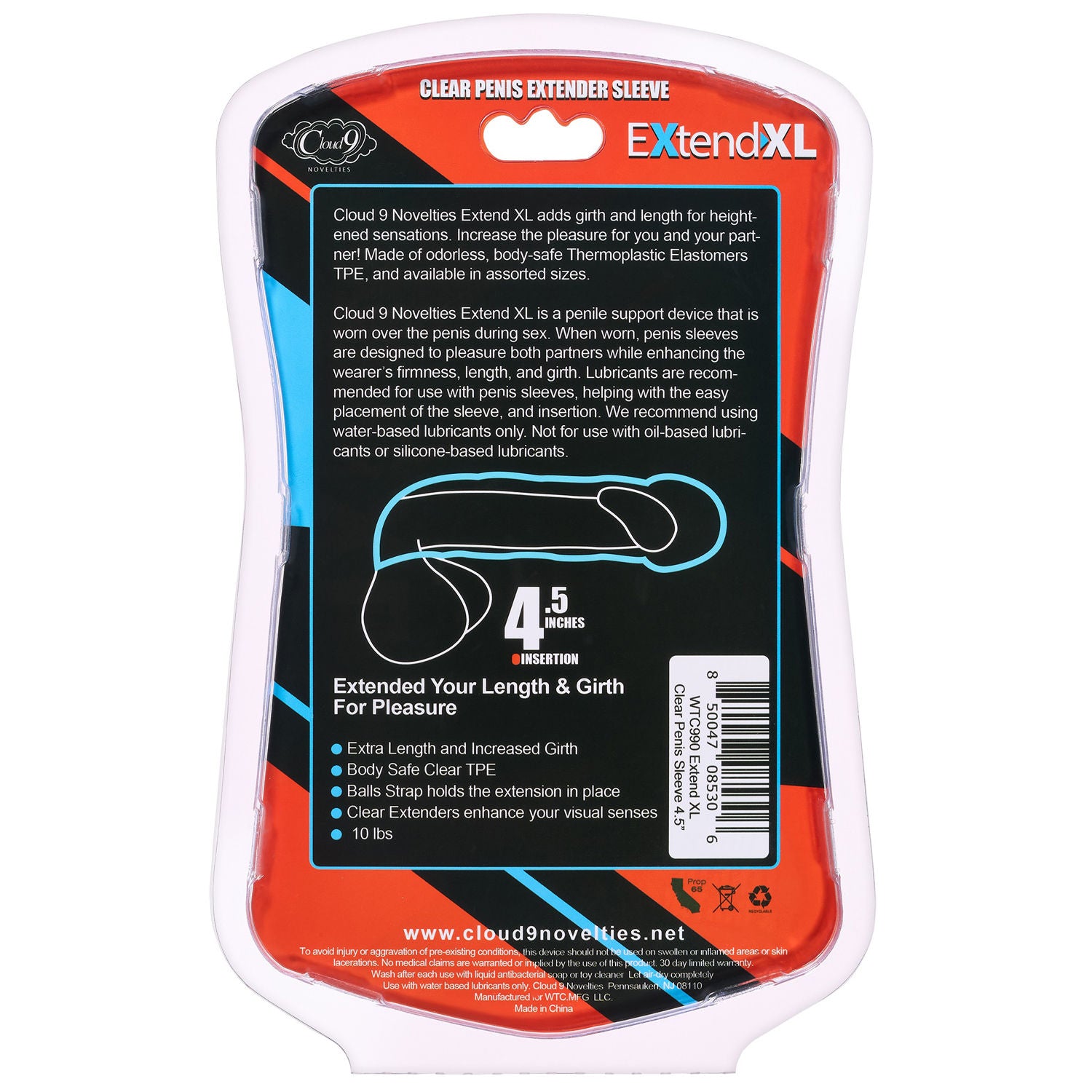 Cloud 9 Novelties Extend XL Clear Penis Sleeve 7.25 Inch with Balls Strap Sleeve > Sex Toys For Men > Penis Sleeves