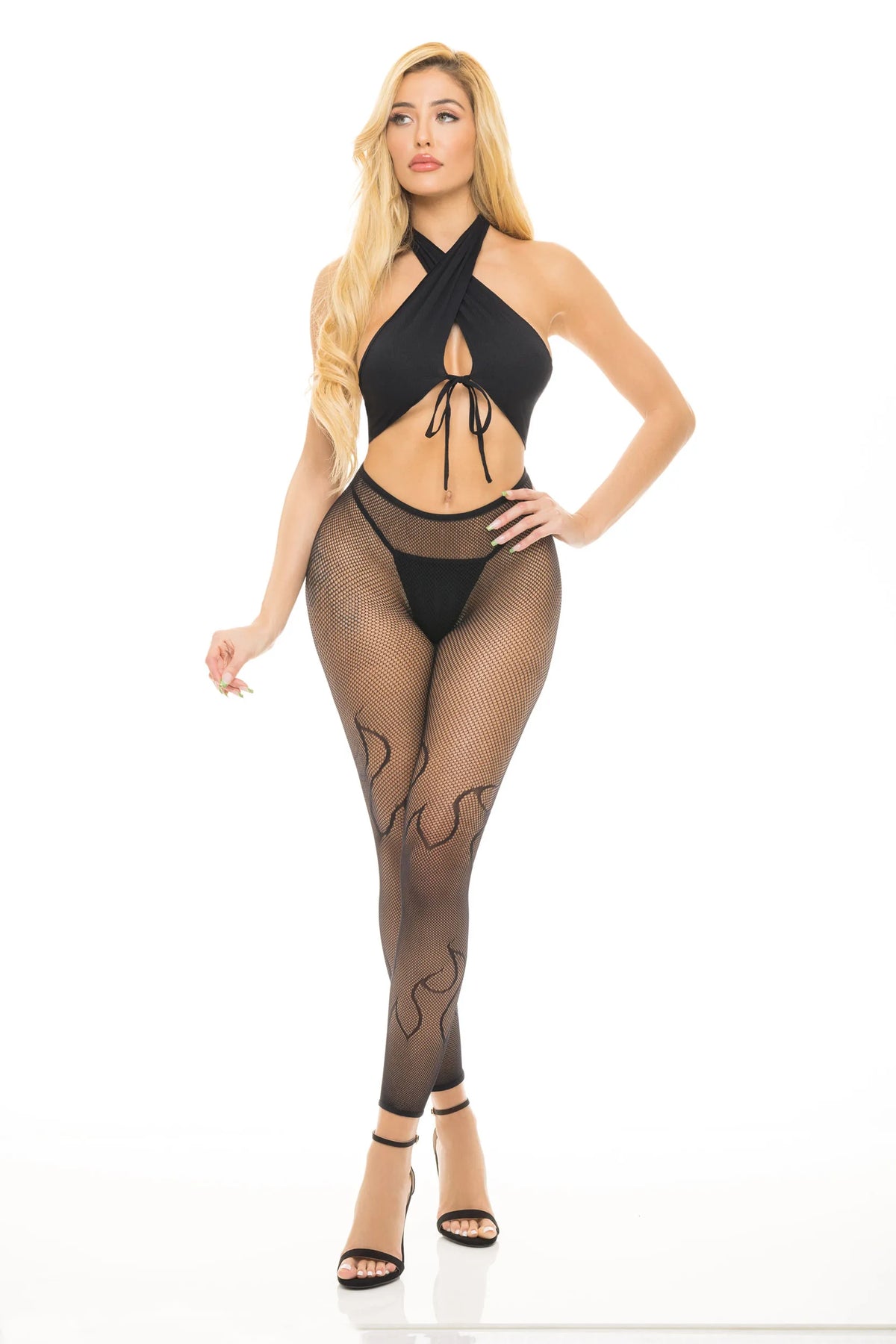 Gives You Hell Flame Print Halter Thong And Net Leggings Set