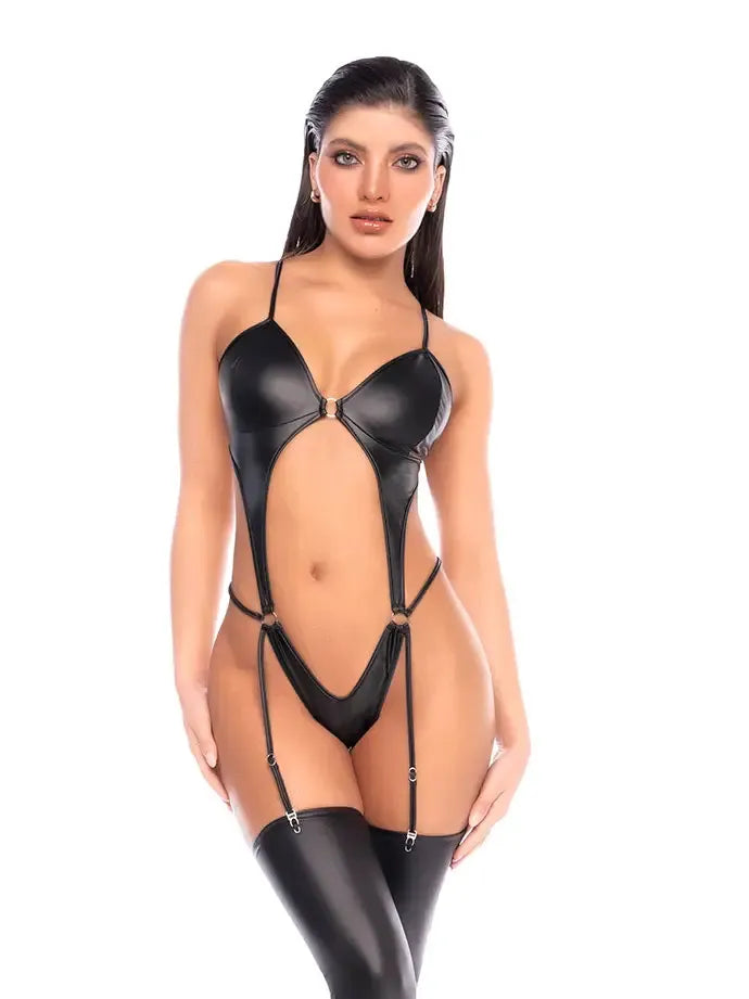 Teddy Bodysuit – Adjustable Straps, Attached Garters, Front Ring Detail Black S M > Clothes > Teddies Main image