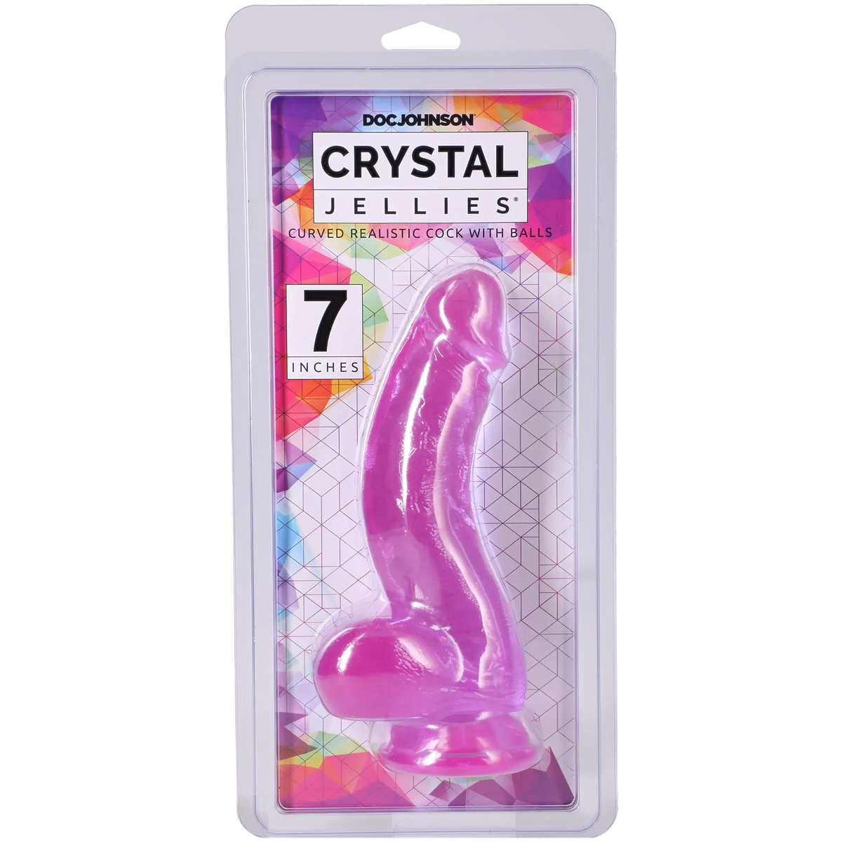 Crystal Jellies Curved Realistic Cock with Balls 7 Inch Purple in packaging