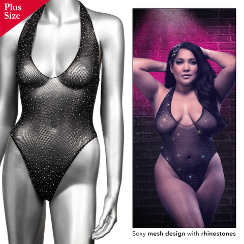 Radiance Plus Size Deep V Black Rhinestone Mesh Body Suit Size Up to 3X > Clothes > Plus Size Lingerie