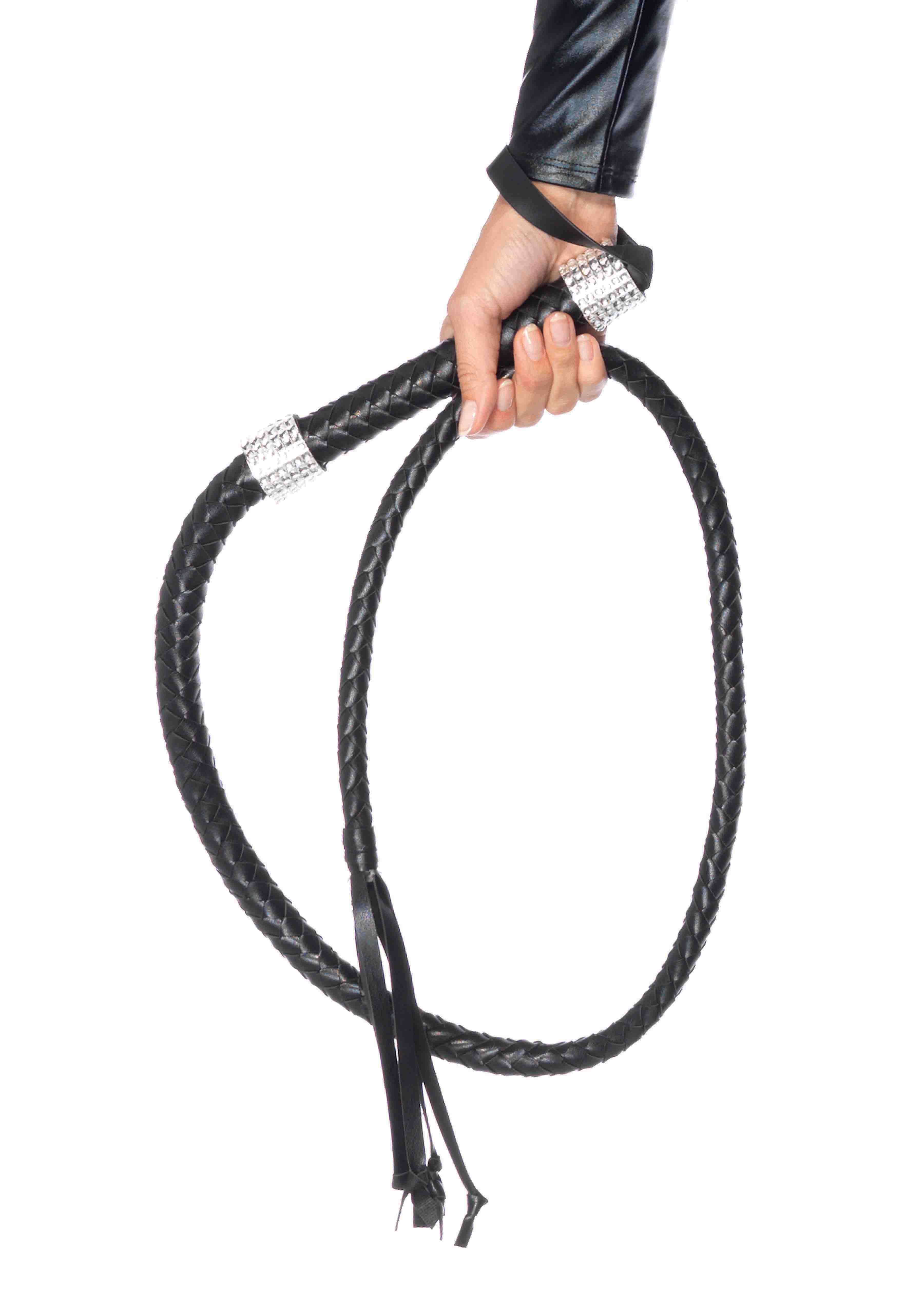 Black Rhinestone Handle Braided Whip with Wristlet for Adults Black Whips & Paddles