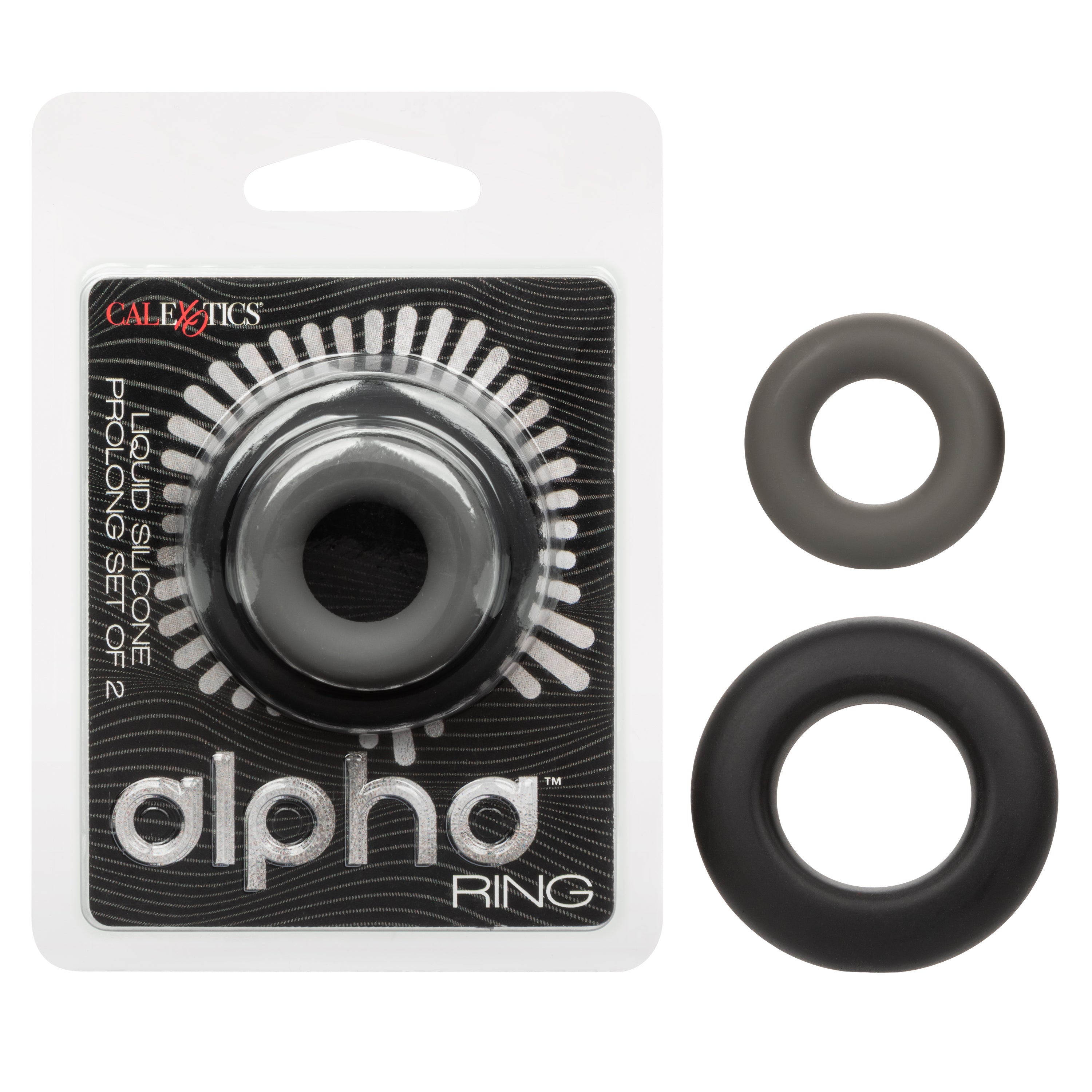 Alpha Liquid Silicone Prolong Set of 2 Stretchy Comfortable Rings in Black, Small 0.75” and Large 1” Diameter > Cock Ring > Sets