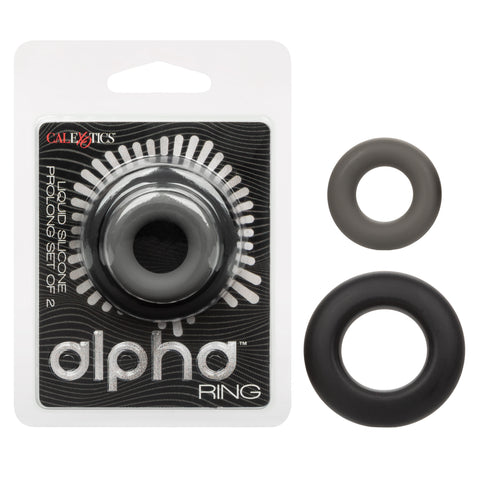 Alpha Liquid Silicone Prolong Set of 2 Stretchy Comfortable Rings in Black, Small 0.75” and Large 1” Diameter COCK RING Set