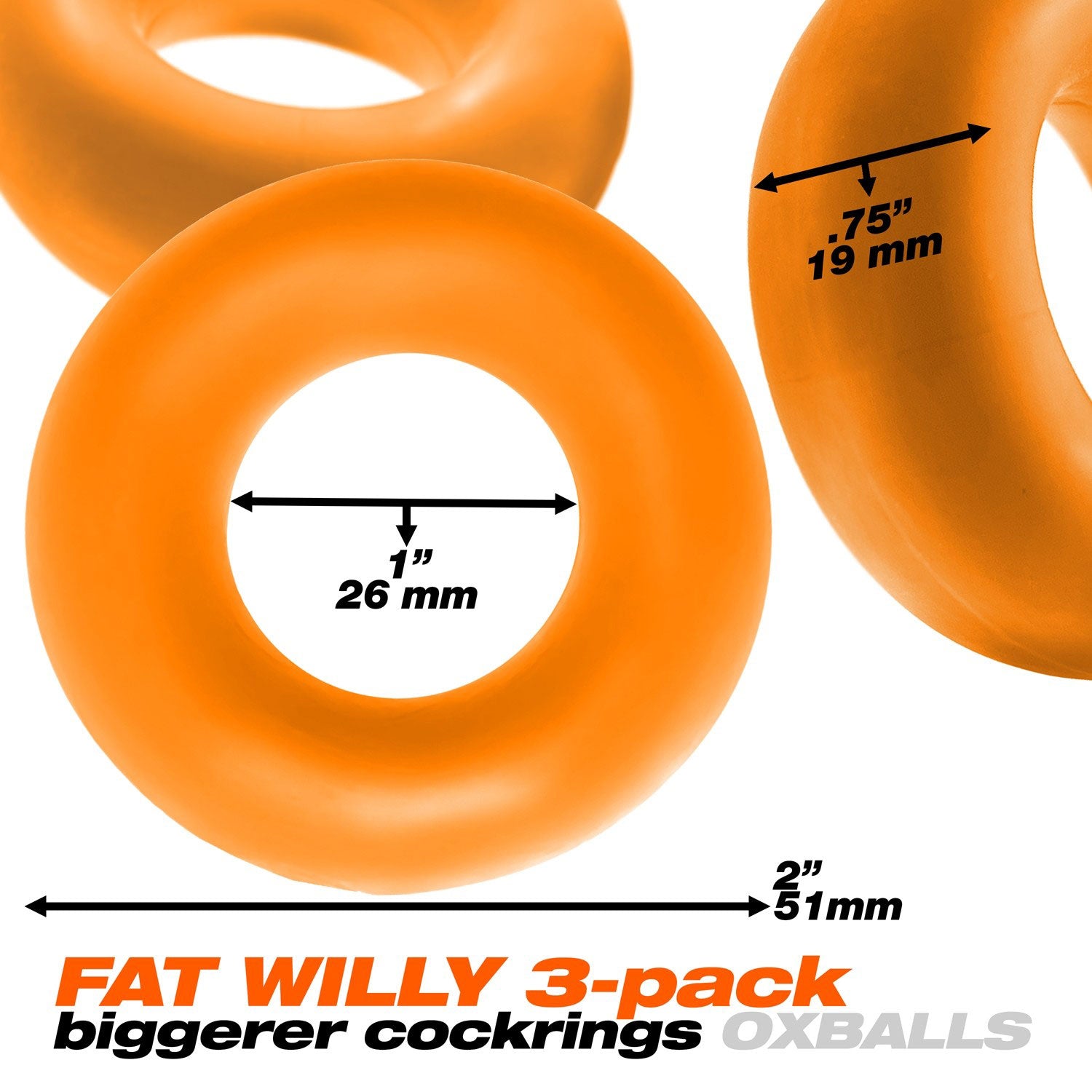 Fat Willy 3 Pc Jumbo Cockrings Orange COCK RING Set