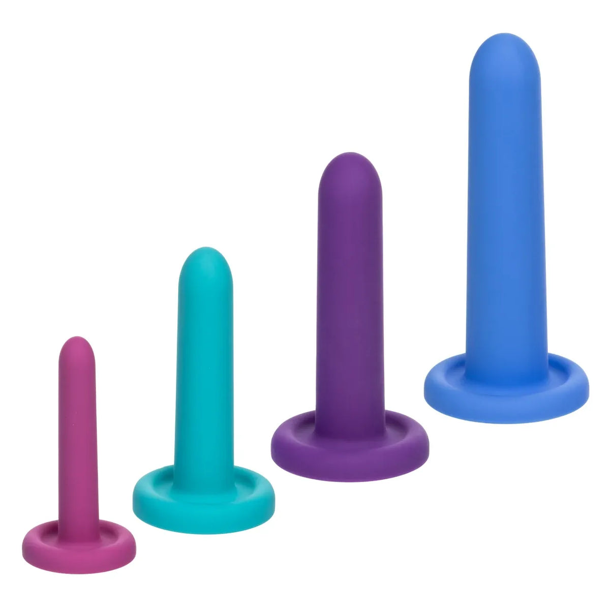 Four silicone sleeve training devices in ascending size order, featuring pink, teal, purple, and blue colors, displayed on a solid white background.