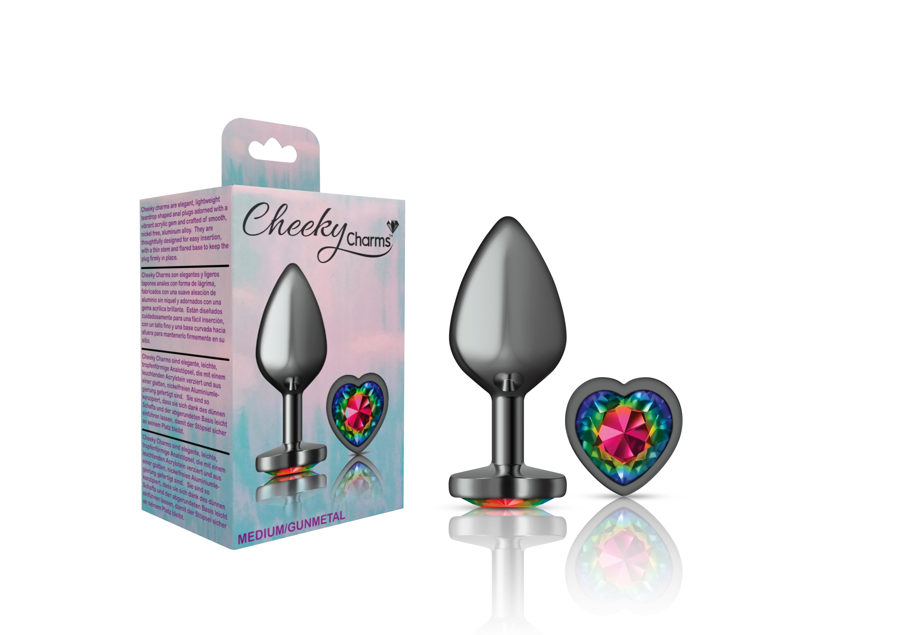 Cheeky Charms Gunmetal Medium Butt Plug with Heart Rainbow Jewel > Anal Range > Jewel Butt Plugs